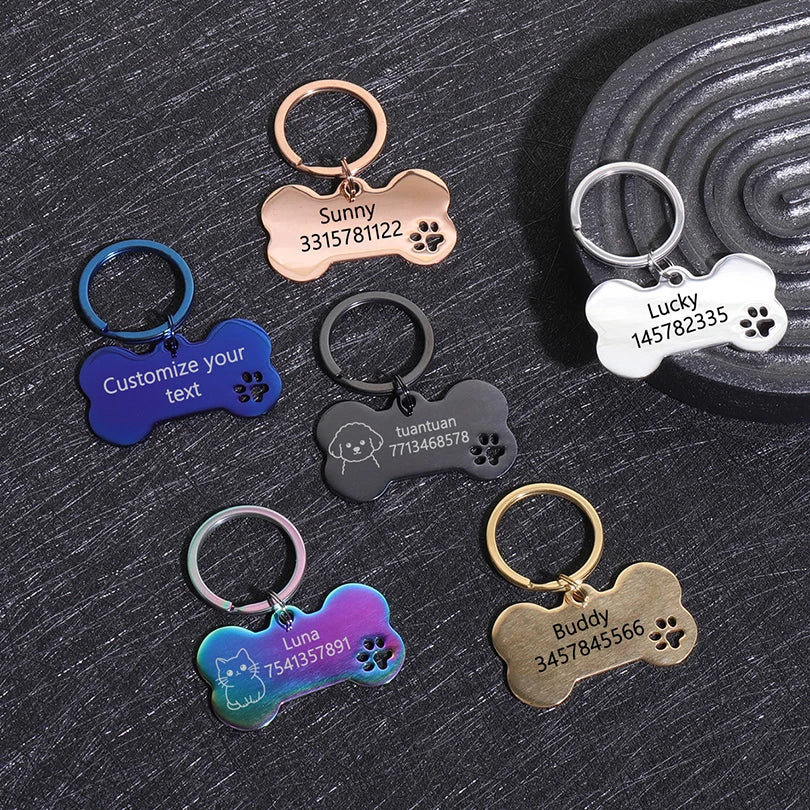 Plaques d'identité personnalisées pour chiens - Texte personnalisé - Plaque d'identification en forme d'os en acier inoxydable - Gravure laser - Anti-perte - Étiquette d'identification personnalisée pour animaux de compagnie