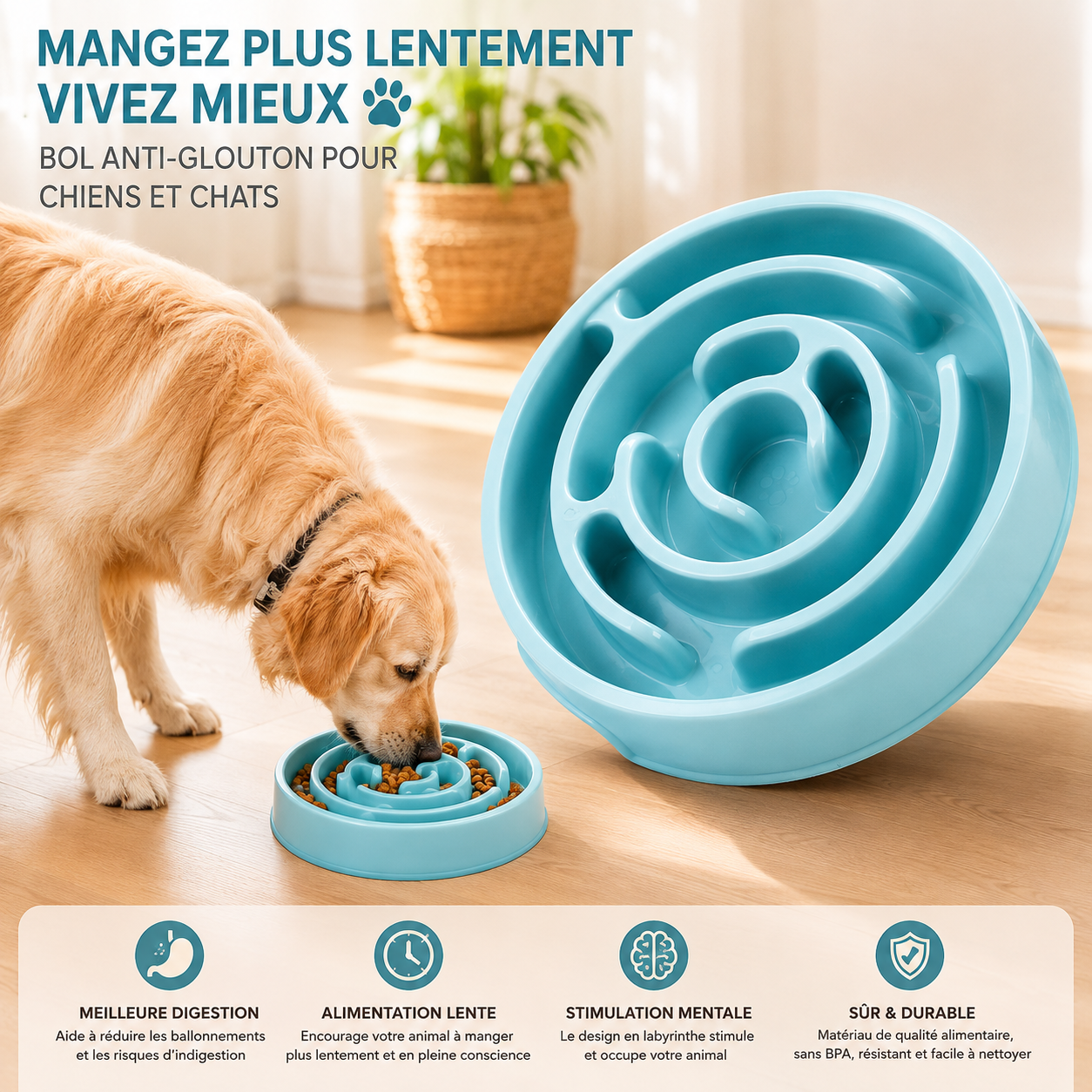 Gamelle lente pour chien, antidérapante, anti-glouton, pour une alimentation plus lente, gamelle écologique pour chiens de grande, moyenne et petite taille et chiots.