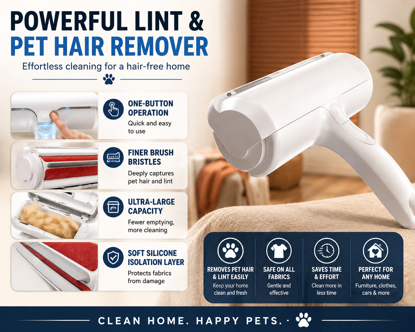 Rouleau Anti-Poils d'Animaux - Épilateur pour Chiens et Chats avec Base Autonettoyante - Outil Efficace pour Enlever les Poils d'Animaux - Idéal pour les Meubles