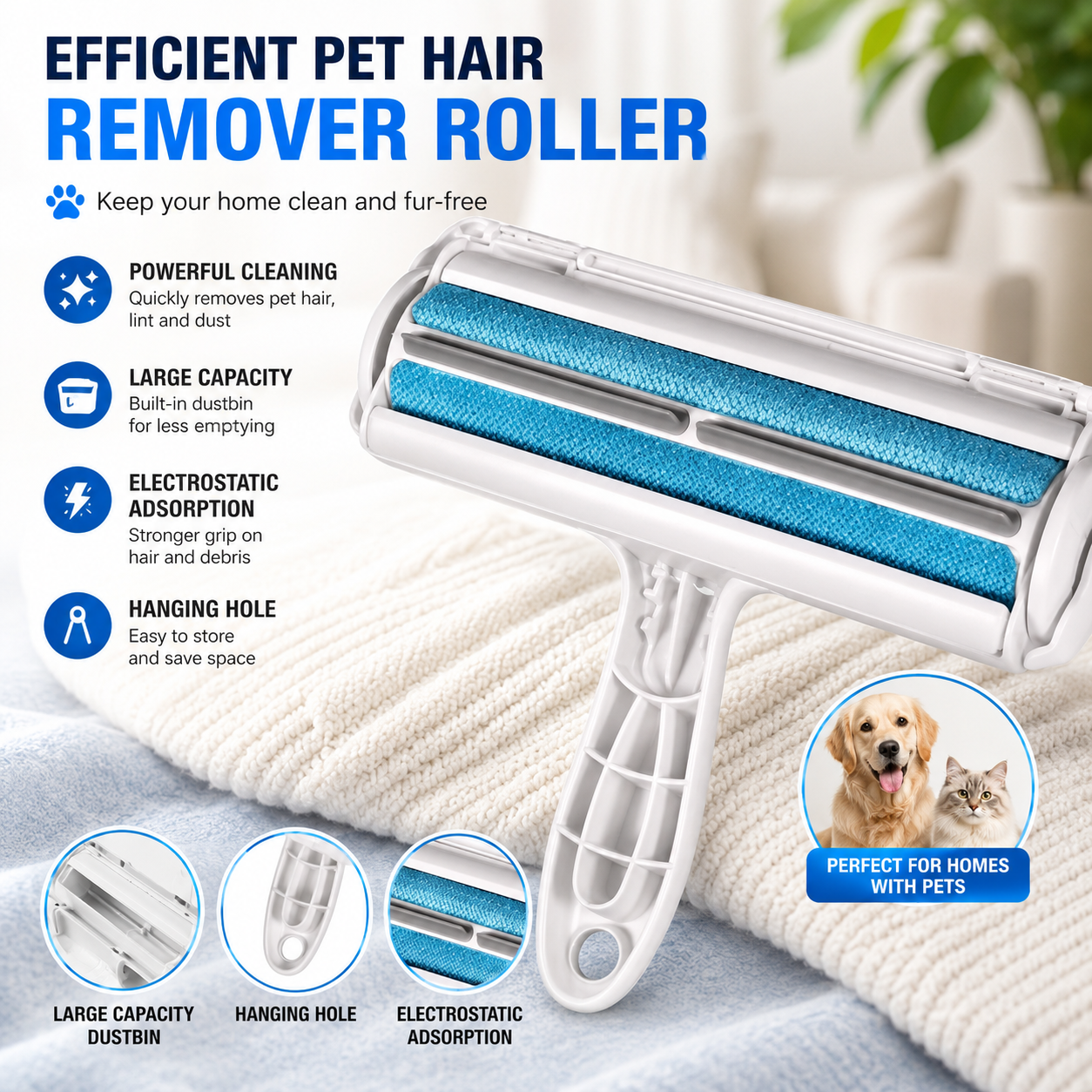 Rouleau Anti-Poils d'Animaux - Épilateur pour Chiens et Chats avec Base Autonettoyante - Outil Efficace pour Enlever les Poils d'Animaux - Idéal pour les Meubles